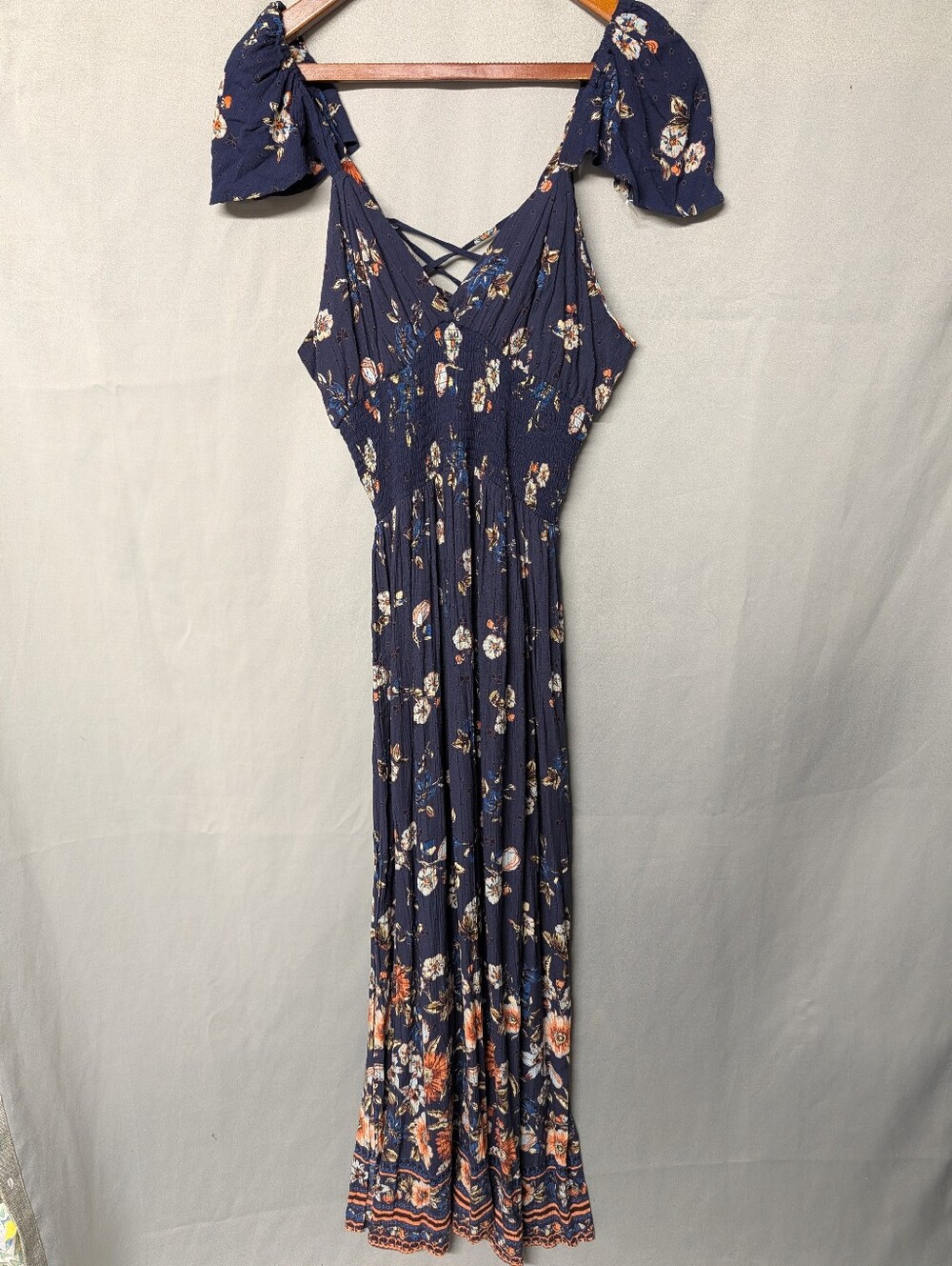 Angie Navy Floral Maxi Dress with Cross Back Tie Detail Size Medium NWT